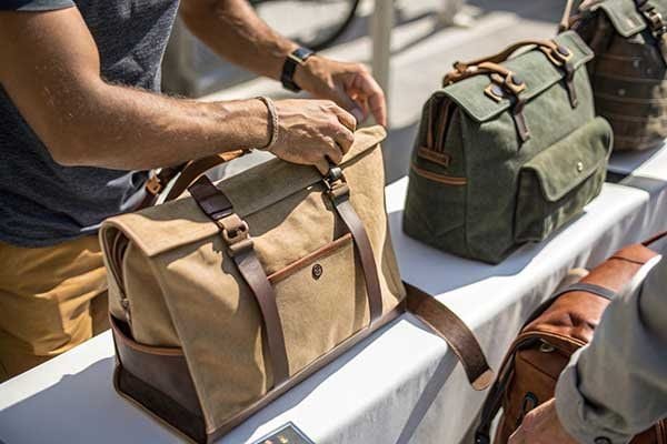 Person choosing from different canvas bags
