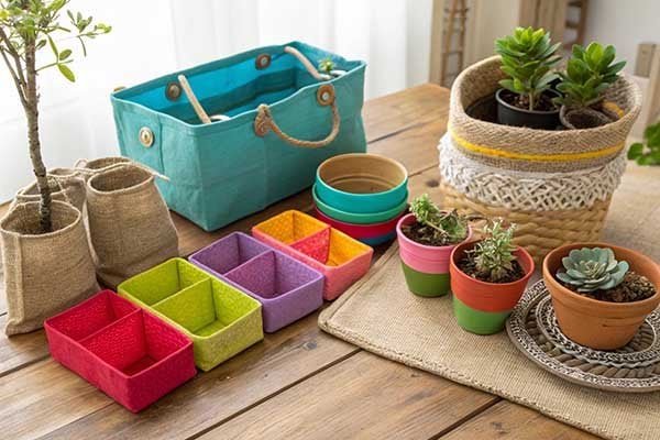 A colorful collection of repurposed bags used as small storage containers, plant pots, and decorative accessories