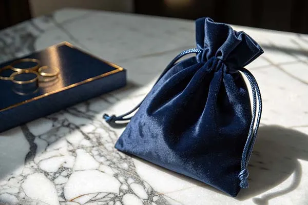 A blue velvet drawstring pouch on a marble surface.
