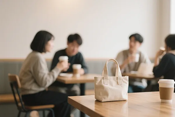 A small white bag on a wooden table 