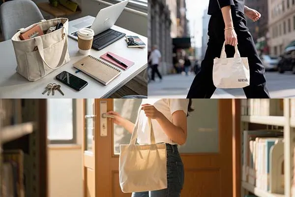 Three different scenarios showcasing a canvas tote bag: on a desk with stationary, carried outdoors, and used in a library setting.