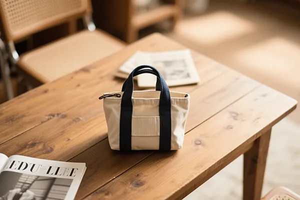 A small canvas tote bag with navy blue handles placed on a wooden table.