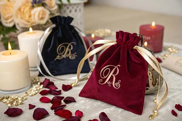 A decorative setup featuring embroidered velvet gift bags in red and black with the letter 'R', surrounded by rose petals, pearls, and lit candles.