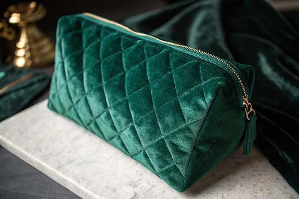 A green velvet makeup bag with a quilted texture and zipper closure, placed on a light surface.