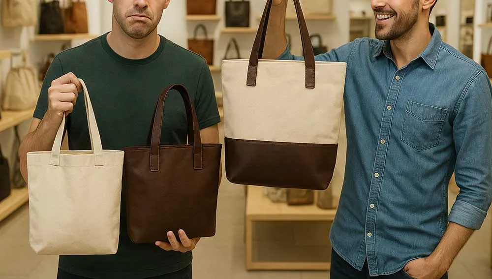 Two men in a store comparing canvas, leather, and mixed tote bags.