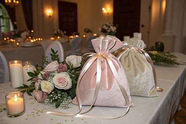 Wedding table with romantic decorations including flower bouquet, candles, and velvet gift bags adorned with ribbon.