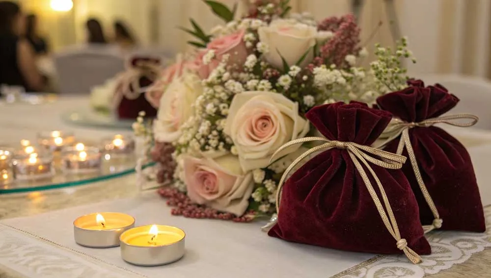 A table with a bouquet of pink and white roses surrounded by candles and velvet bags tied with gold ribbons.