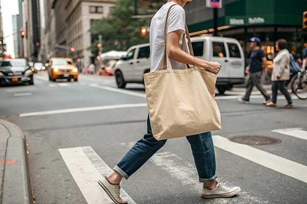 a person carrying a classic canvas bag on a busy street