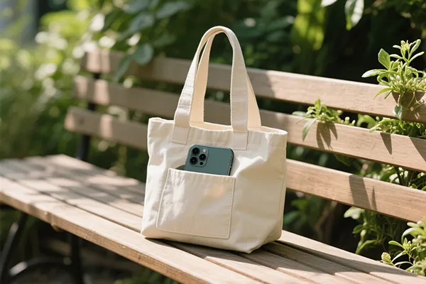 A beige tote bag with a smartphone in its front pocket, placed on a wooden bench surrounded by greenery.