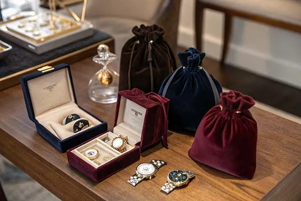 A selection of luxury watches in velvet boxes, accompanied by jewelry pouches and display items on a wooden table.