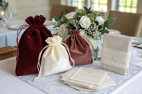 A wedding gift table featuring three fabric gift bags in red and white, along with a small stack of cards and a decorative white box, set on a table with a floral centerpiece.