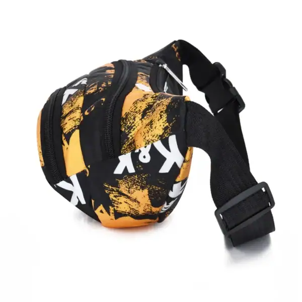 A yellow and black waist bag with a graffiti-like design and an adjustable strap.