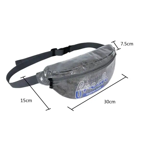 A grayish blue fanny pack labeled 'fresh' with dimensions 30cm x 15cm x 7.5cm.