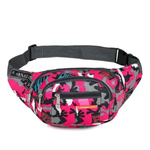 A pink camouflage waist bag with multiple zippers and an adjustable strap.