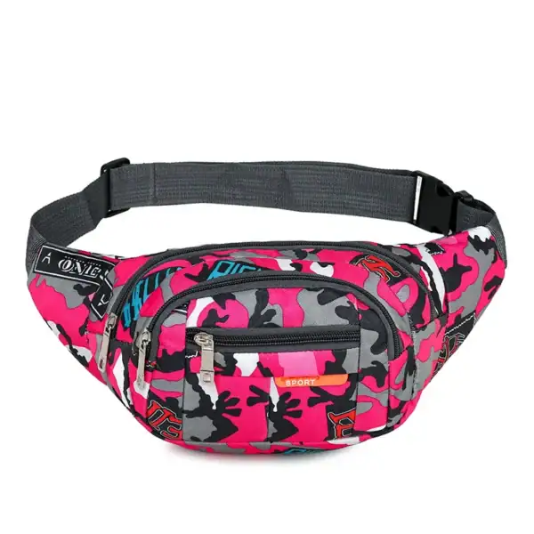 A pink camouflage waist bag with multiple zippers and an adjustable strap.