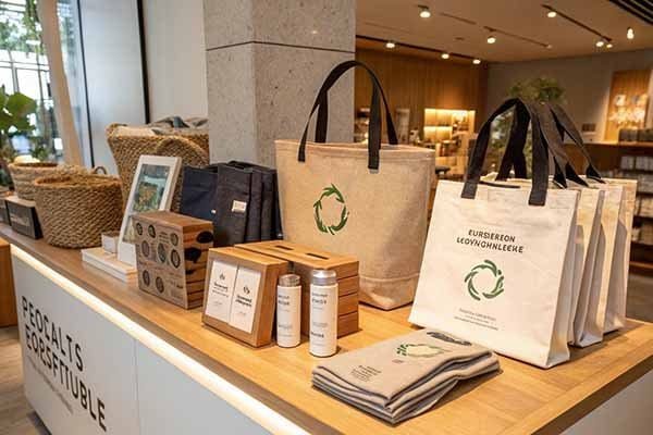 Eco - friendly products, including tote bags made of recycle canvas with green logos, displayed on a wooden counter in a well - lit store.