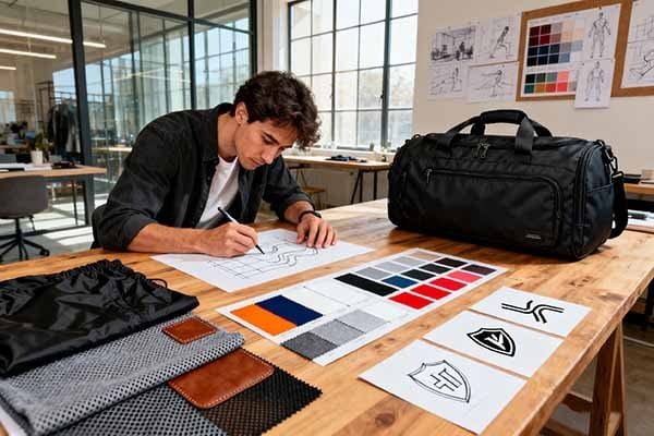 A designer working at a desk, sketching and selecting color swatches for different gym bag designs, with a gym bag placed on the table.
