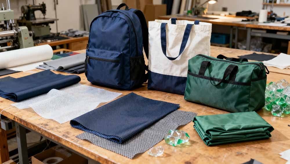 Workbench scene: Scattered pieces of Oxford cloth, non-woven fabric, and recycled PET fabric, with finished bags (backpacks, tote bags, foldable bags) made of the corresponding materials placed beside them.