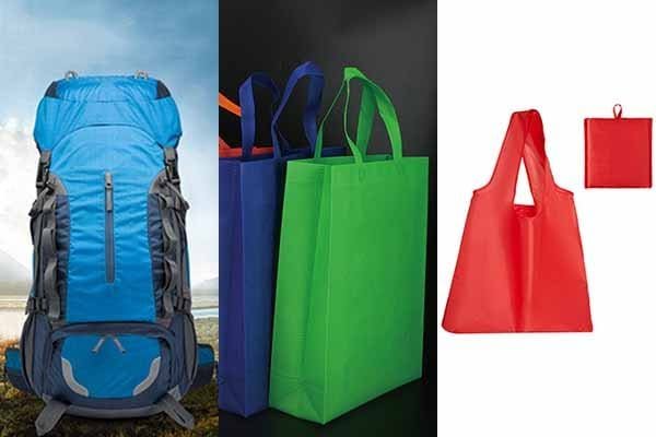 From left to right, the first item is a blue backpack made of Oxford cloth, which is often used for outdoor activities due to its durability. The middle ones are non - woven fabric bags in green and blue, commonly used as shopping bags for their light weight and convenience. The rightmost is a red bag made of RPET, a recycled material that promotes environmental sustainability.