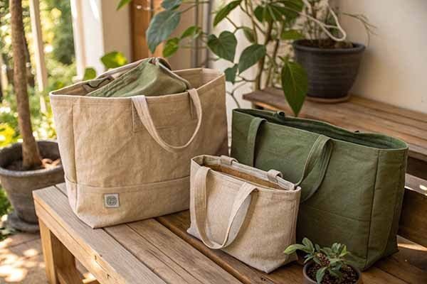 Several recycle canvas tote bags in neutral and green tones, placed on wooden steps with potted plants in the background, embodying an eco - friendly lifestyle.
