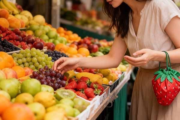 A woman uses a foldable bag with a strawberry design to shop for fruits at a market.