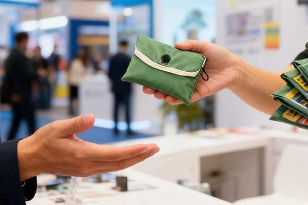 Hands distributing a foldable bag as a promotional item at an exhibition