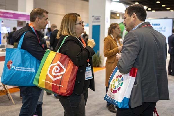 Exhibition scene: Several people carrying foldable exhibition gift bags communicate.