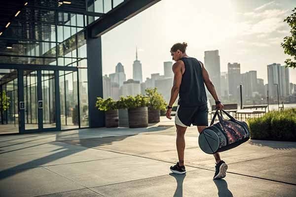 A man in a sleeveless top and shorts walks outdoors with a sports duffel bag