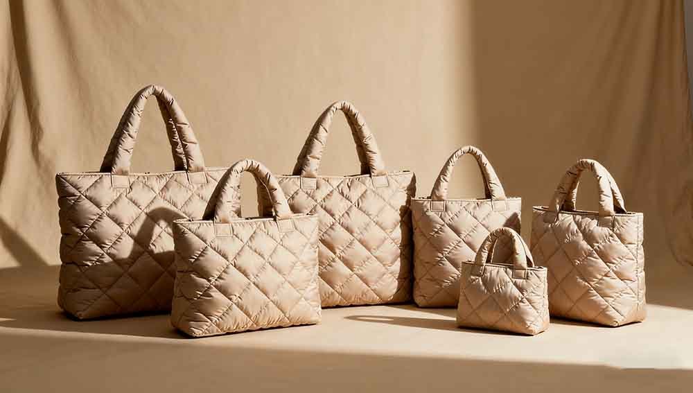 A collection of Perfect Quilted Puffy Tote Bags in various sizes, displayed against a beige backdrop