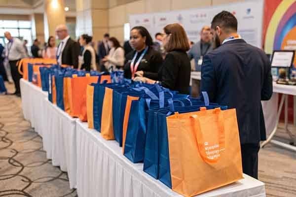 Rows of polyester tote bags in blue and orange at a conference or exhibition