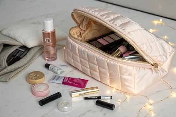 A quilted puffy makeup bag in a light color, opened to show cosmetics inside, with various beauty products scattered around on a marble surface and fairy lights in the background