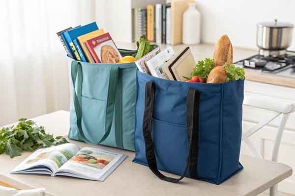 Two polyester tote bags, one teal and one navy blue, filled with groceries and books, placed on a kitchen counter.