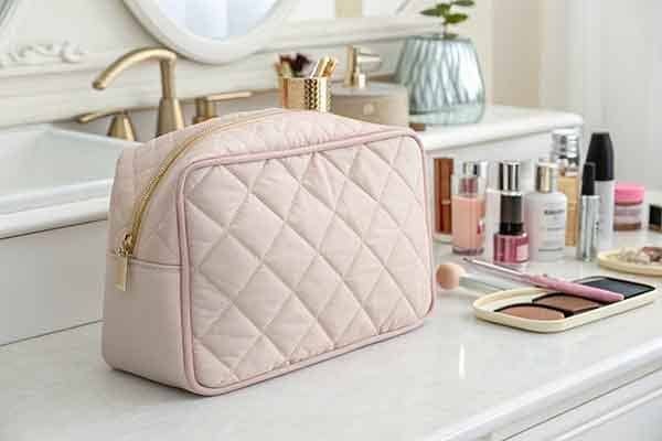 A pink quilted puffy makeup bag placed on a bathroom counter, with various beauty products around it