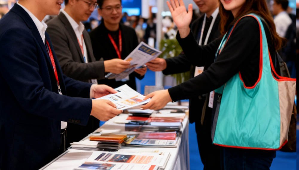 At an exhibition, people interact around a table with various materials, and a woman carries a foldable bag.