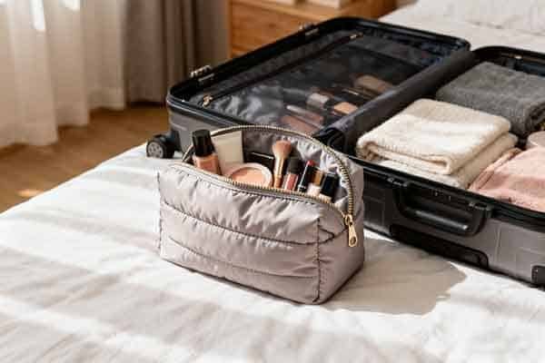 A quilted puffy makeup bag filled with brushes and other cosmetics, placed on a bed next to an open suitcase packed with clothes