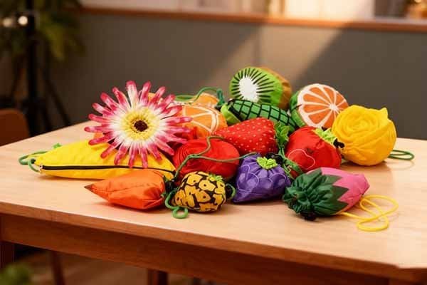 Various foldable bags shaped like fruits when folded are placed on a wooden table.
