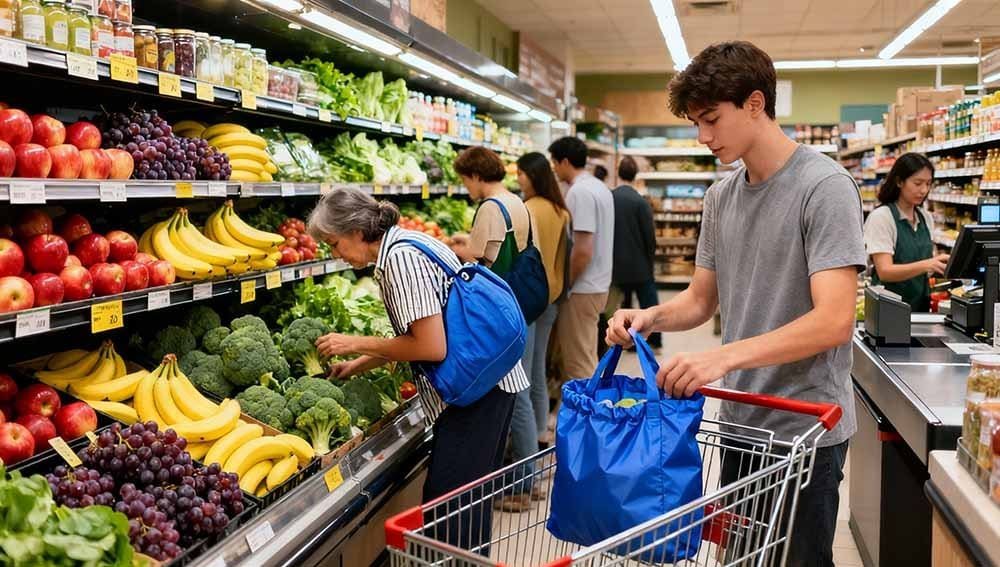 People using nylon foldable bags while shopping in a supermarket.