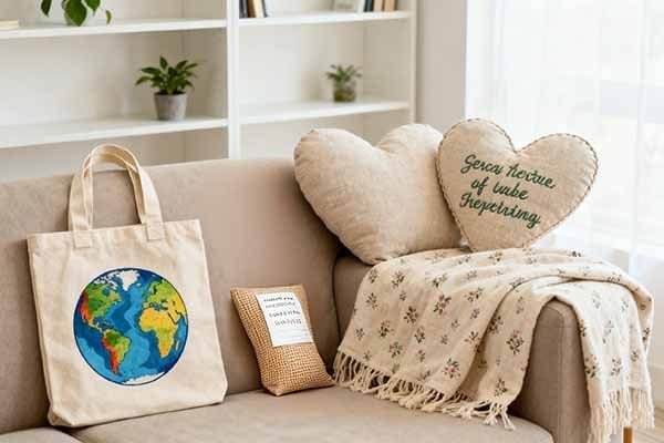 A cozy living room scene with items made of recycle canvas placed on a beige sofa, including a heart - shaped pillow, a blanket, and a tote bag featuring a globe design, with potted plants on a white shelf in the background.