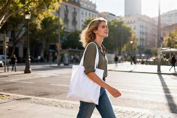 A woman walks across a city street carrying a white canvas tote bag.
