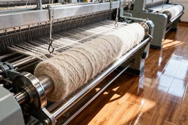 A textile weaving machine in a factory, with a large roll of light - colored yarn or thread being processed,