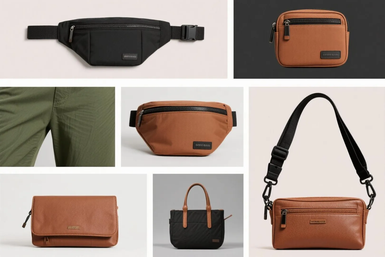 A variety of Aerthbags including a black waist pack, brown waist pack, brown crossbody bag, leather wallet, handbag, and small pouch displayed in a grid.