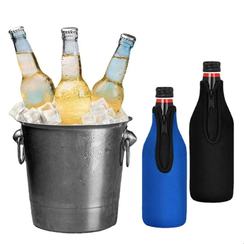 A metal bucket filled with ice and beer bottles, alongside two insulated bottle sleeves