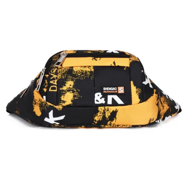A waist bag with a black and yellow abstract design and multiple zipper pockets.