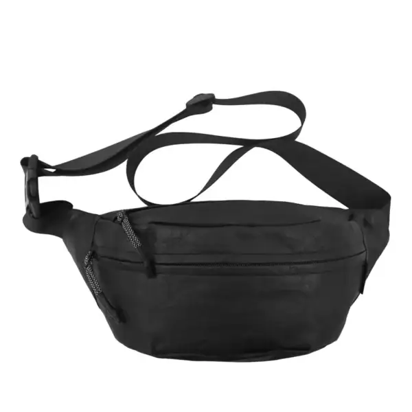 Image of a black fanny pack with adjustable strap and multiple zipper compartments.