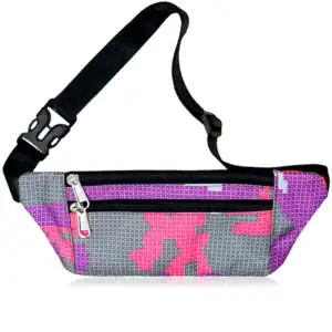 A digital camouflage-patterned fanny pack with purple, pink, and gray colors featuring two zippered compartments and black strap.