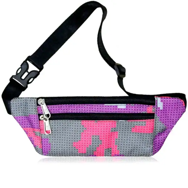 A digital camouflage-patterned fanny pack with purple, pink, and gray colors featuring two zippered compartments and black strap.
