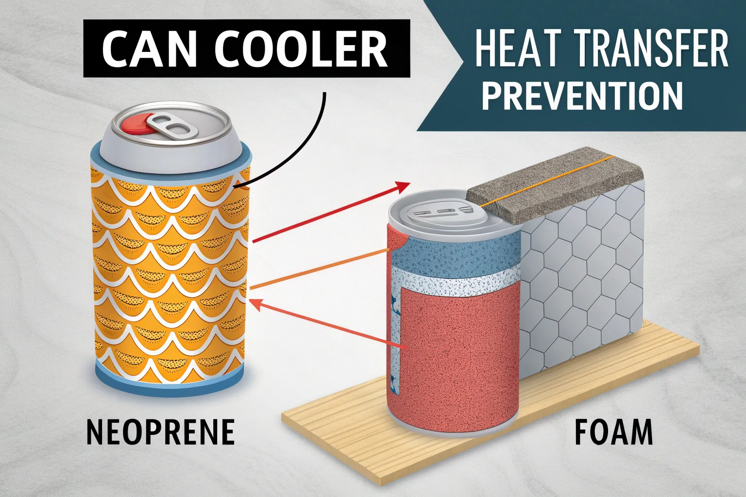 Illustration showing the composition of a can cooler with neoprene and foam to prevent heat transfer.