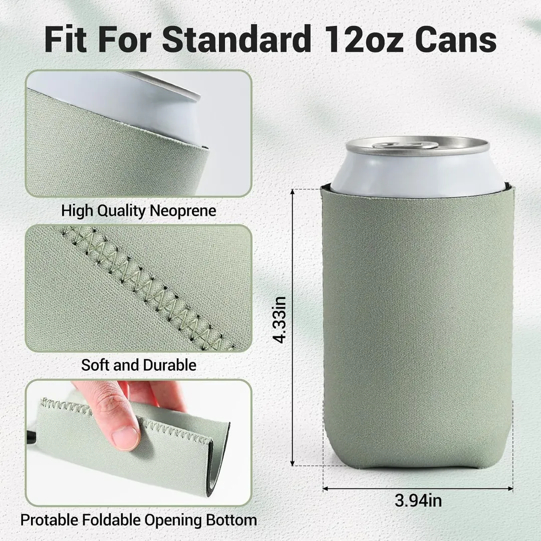 Image of a light green neoprene sleeve designed to fit standard 12oz cans. It highlights the product features such as high-quality material, soft and durable texture, and a foldable opening bottom