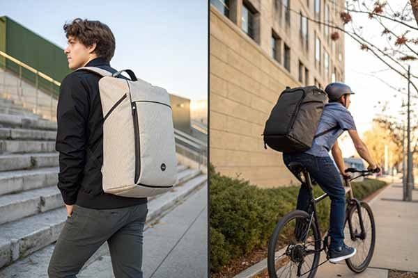 Two images: On the left, a person with a canvas backpack stands by stairs; on the right, a person with a neoprene backpack rides a bicycle on a city street.