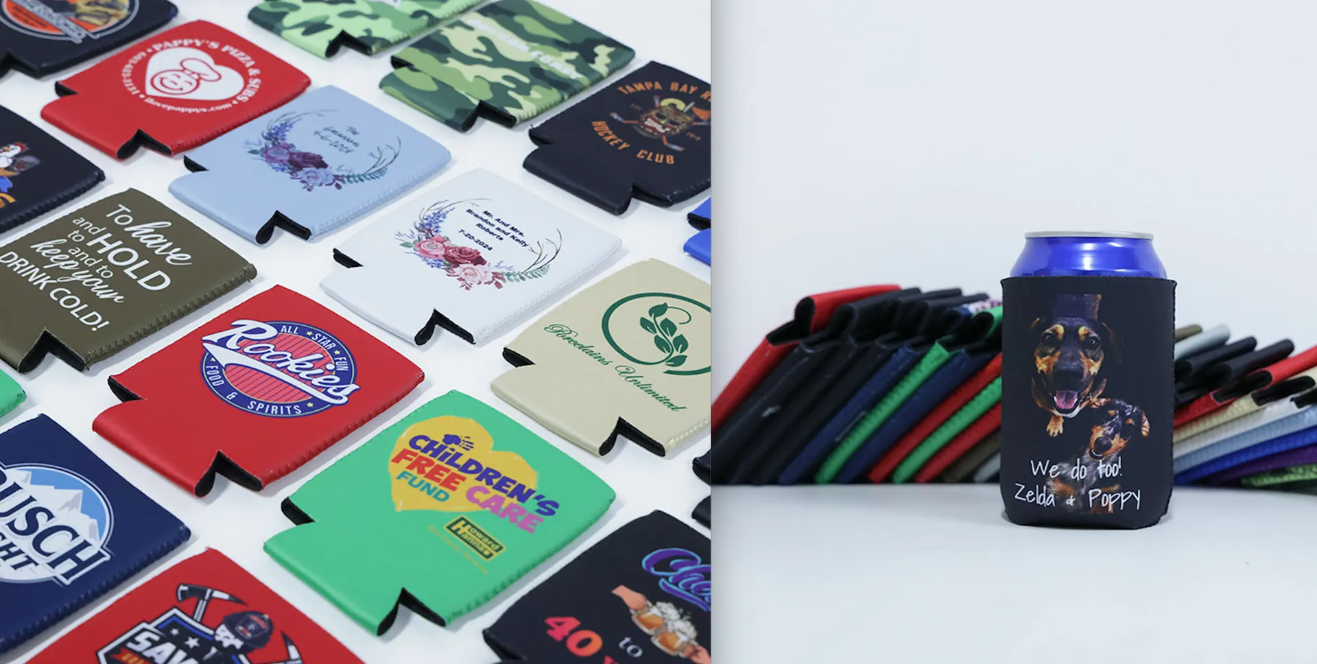 Various beverage sleeves with different designs including logos, quotes, and camouflage patterns next to a stacked collection.